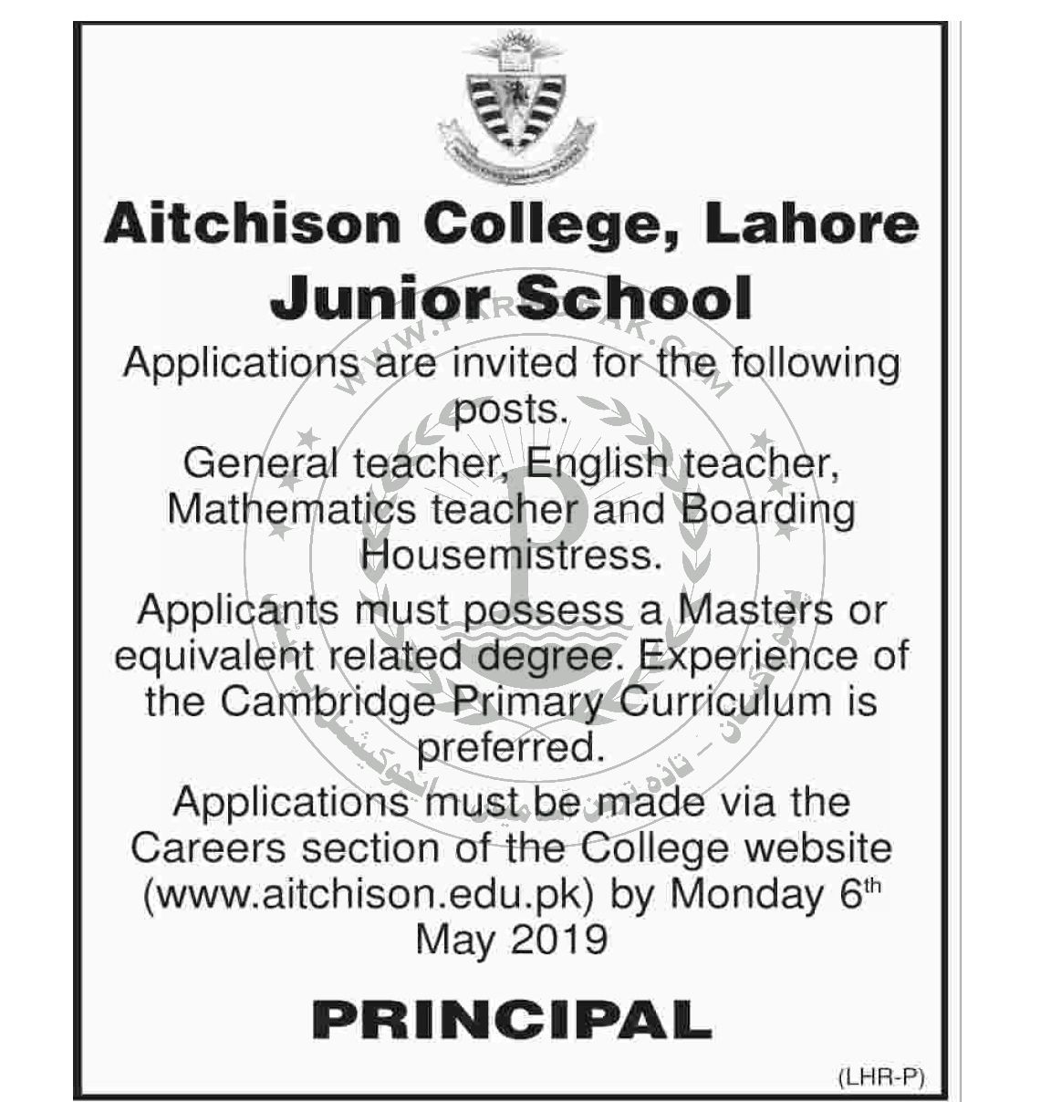 Aitchison College Lahore Teaching Jobs May 2019 Apply Online