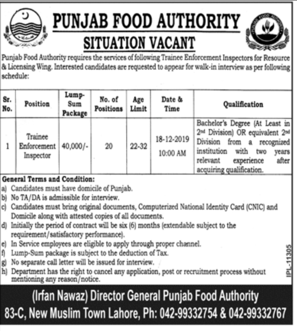 Punjab Food Authority Jobs December 2019. 
