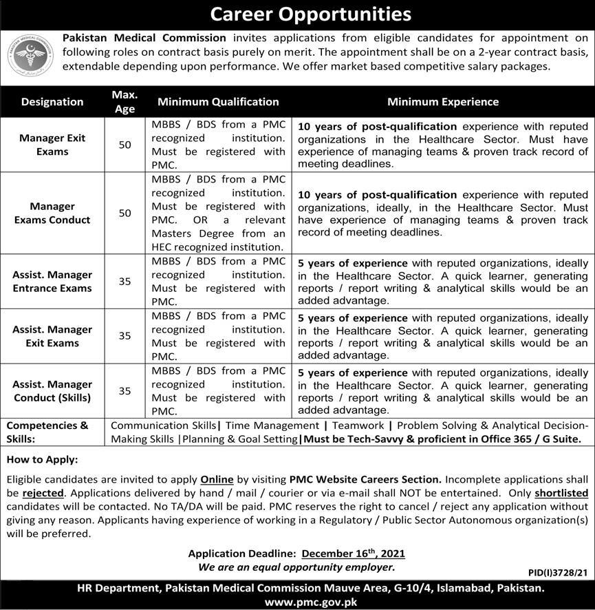 Pakistan Medical Commission PMC Jobs December 2021