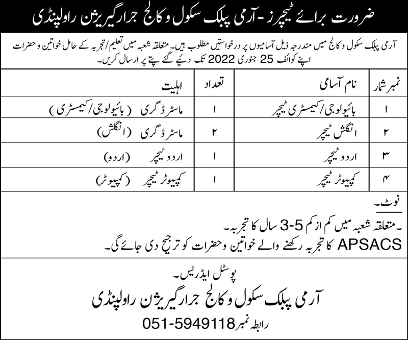 Army Public School APS Jobs Rawalpindi 2022