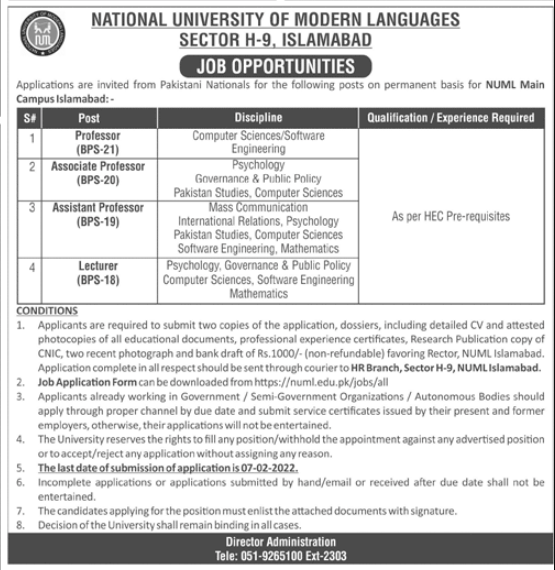 National University of Modern languages NUML Islamabad Jobs 2022