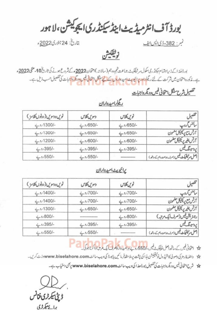 BISE Lahore Matric SSC Admissions 2022 Fee Details
