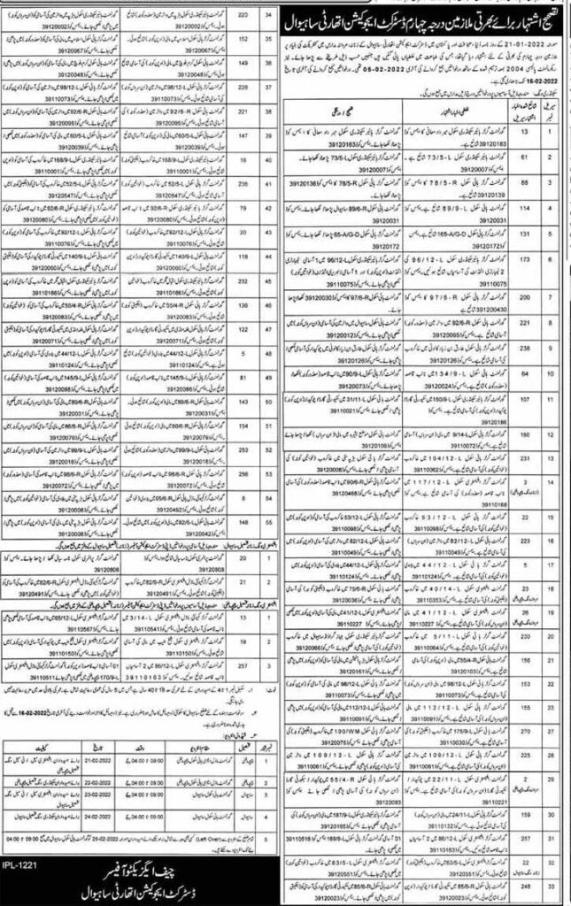 District Sahiwal Advertisement for Class IV Jobs 2022 in Punjab School Education Department