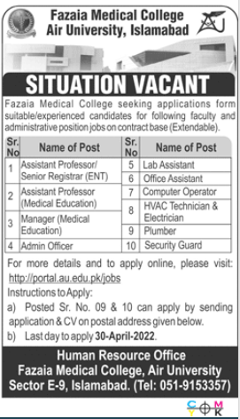 Fazaia Medical College Air University Islamabad Jobs 2022 