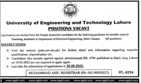 UET Lahore Jobs 2022 at University of Engineering and Technology Career Advertisement