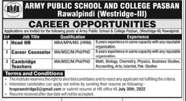 APS Jobs 2022 at Army Public School and College Pasban Rawalpindi Latest Advertisement 