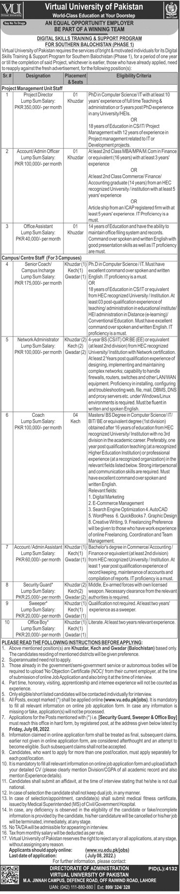 VU Jobs 2022 at Virtual University of Pakistan Latest Career Advertisement