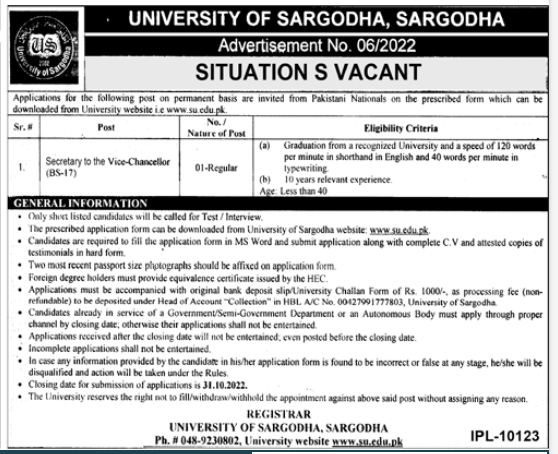 University of Sargodha UOS Jobs 2022 - Latest University Jobs Advertisement
