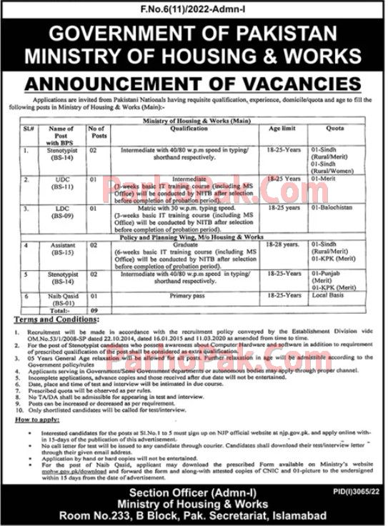 Ministry of Housing and Works Jobs November 2022 Advertisement