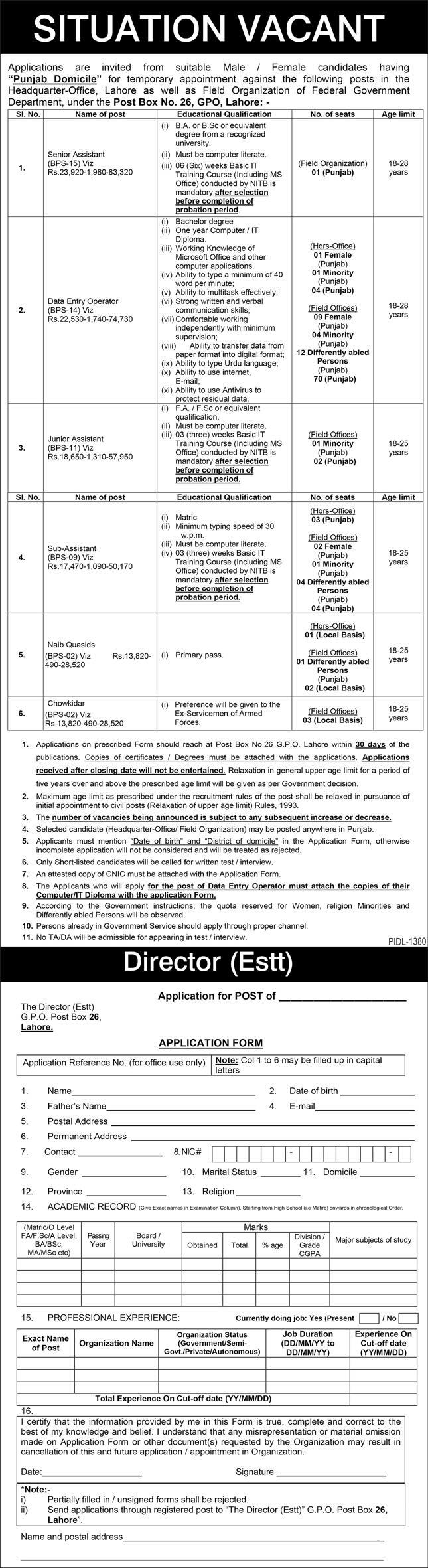 Public Sector Organization PO BOX 26 Lahore Jobs 2022