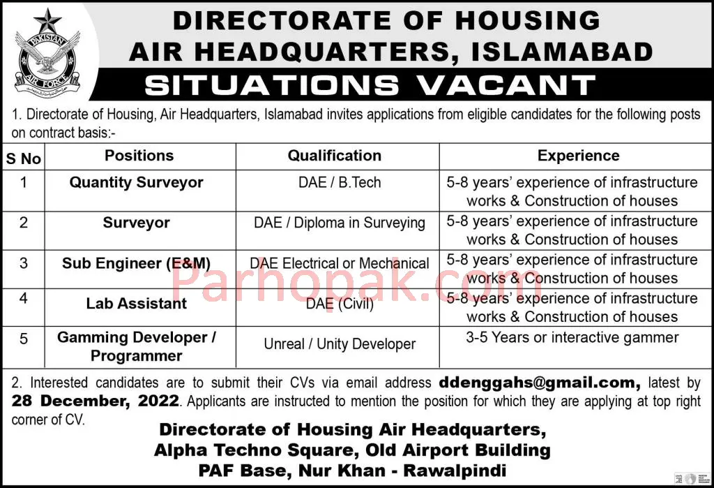 Directorate of Housing Air Headquarters Islamabad Jobs 2022-2023