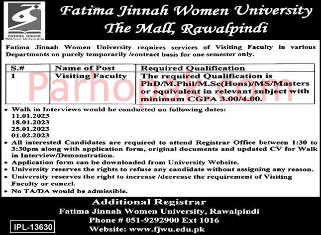 Fatima Jinnah Women University FJWU Rawalpindi Faculty Jobs 2023
