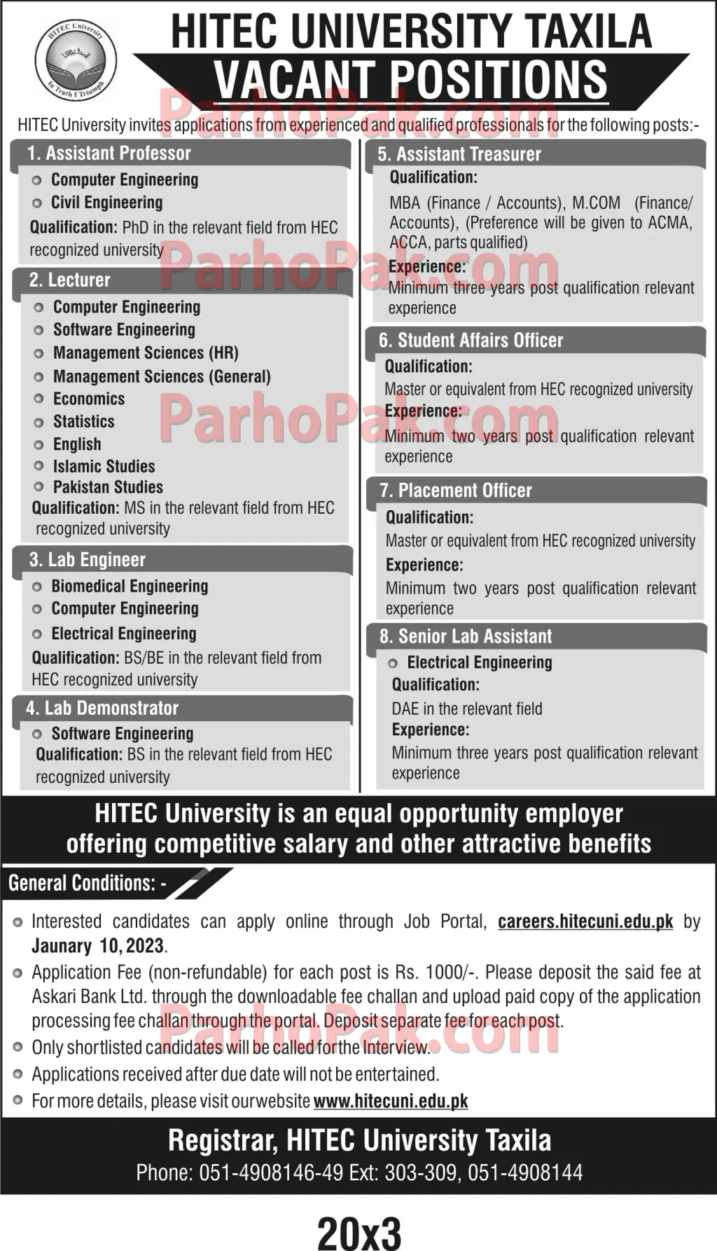 Hitec University Taxila Jobs 2023 Advertisement