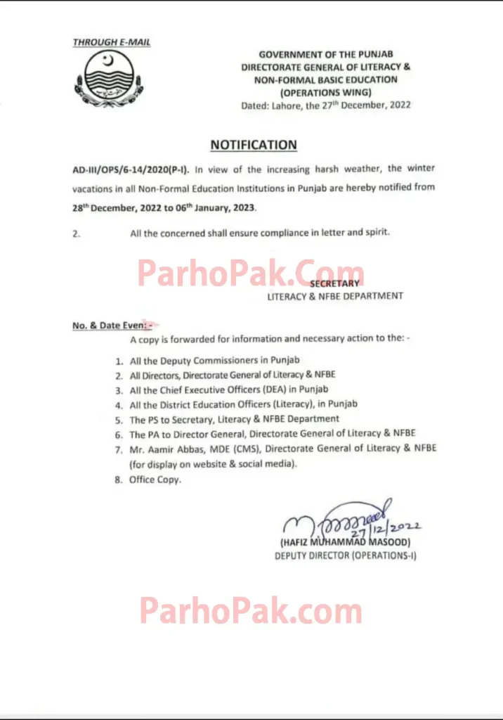Official Notification of winter vacations till 6 January 2023 in the Literacy and Non-Formal Education Department