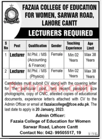 Fazaia College Lecturers Jobs 2023 January Advertisement