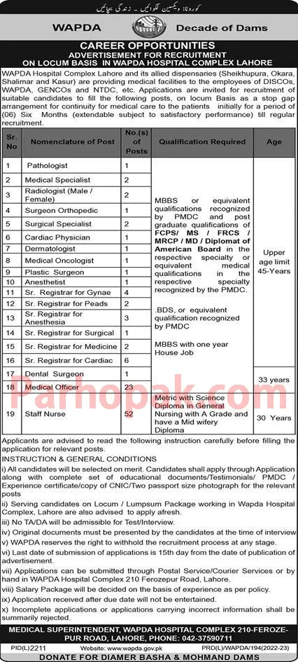 Wapda Hospital Lahore Jobs 2023 Advertisement