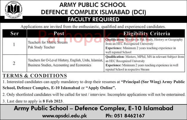 Army Public School APS Defence Complex Islamabad Jobs 2023