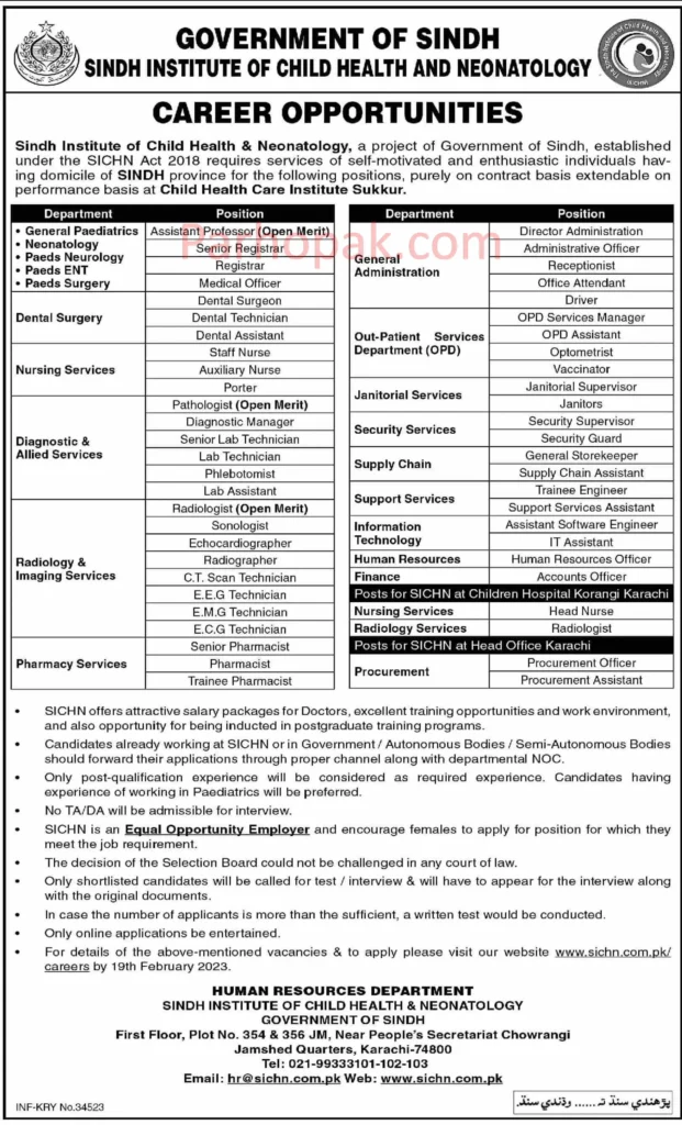 Sindh Institute of Child Health and Neonatology Sindh SICHN Govt Jobs 2023
