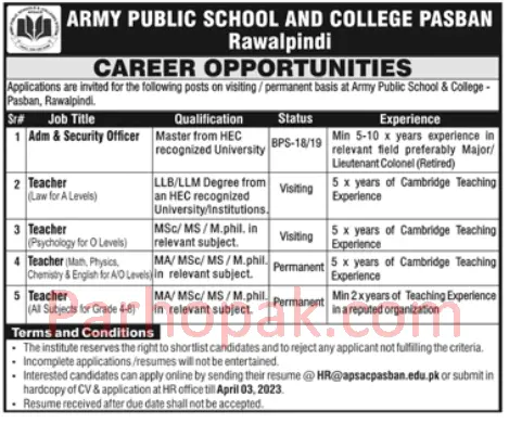Army Public School and College APSCS Jobs 2023 Teaching and Non-Teaching Jobs