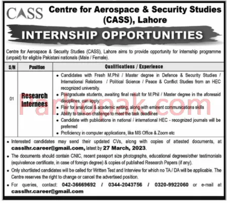 CASS Internship 2023 - Centre for Aerospace and Security Studies Lahore Jobs