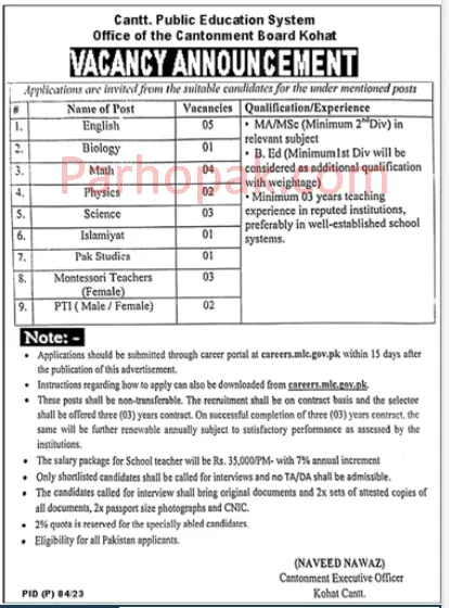 Cantt Public Education System Cantonment Board Kohat Jobs 2023
