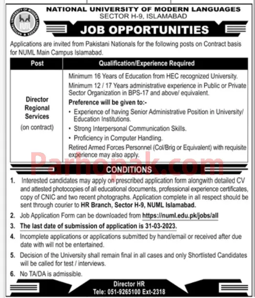 NUML University Islamabad Jobs March 2023 Advertisement