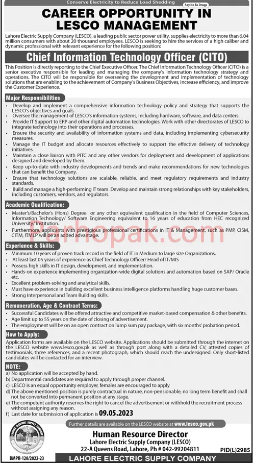Lahore Electric Supply Company LESCO Jobs 2023 Apply via www.lesco.gov.pk