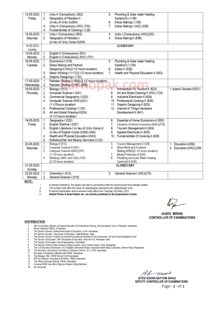 FBISE Announces Date Sheet for Annual Matric Exams