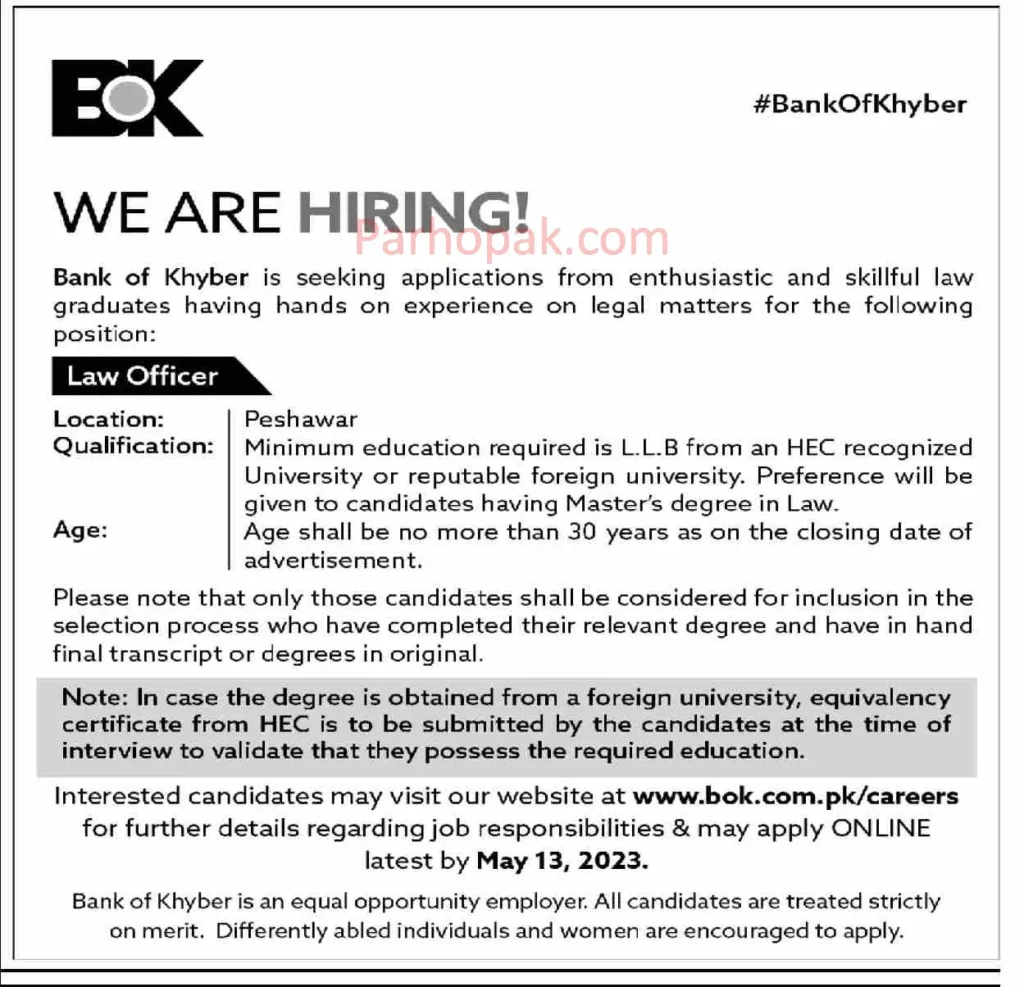 Bank of Khyber BOK Latest Bank Jobs 2023 in Pakistan 