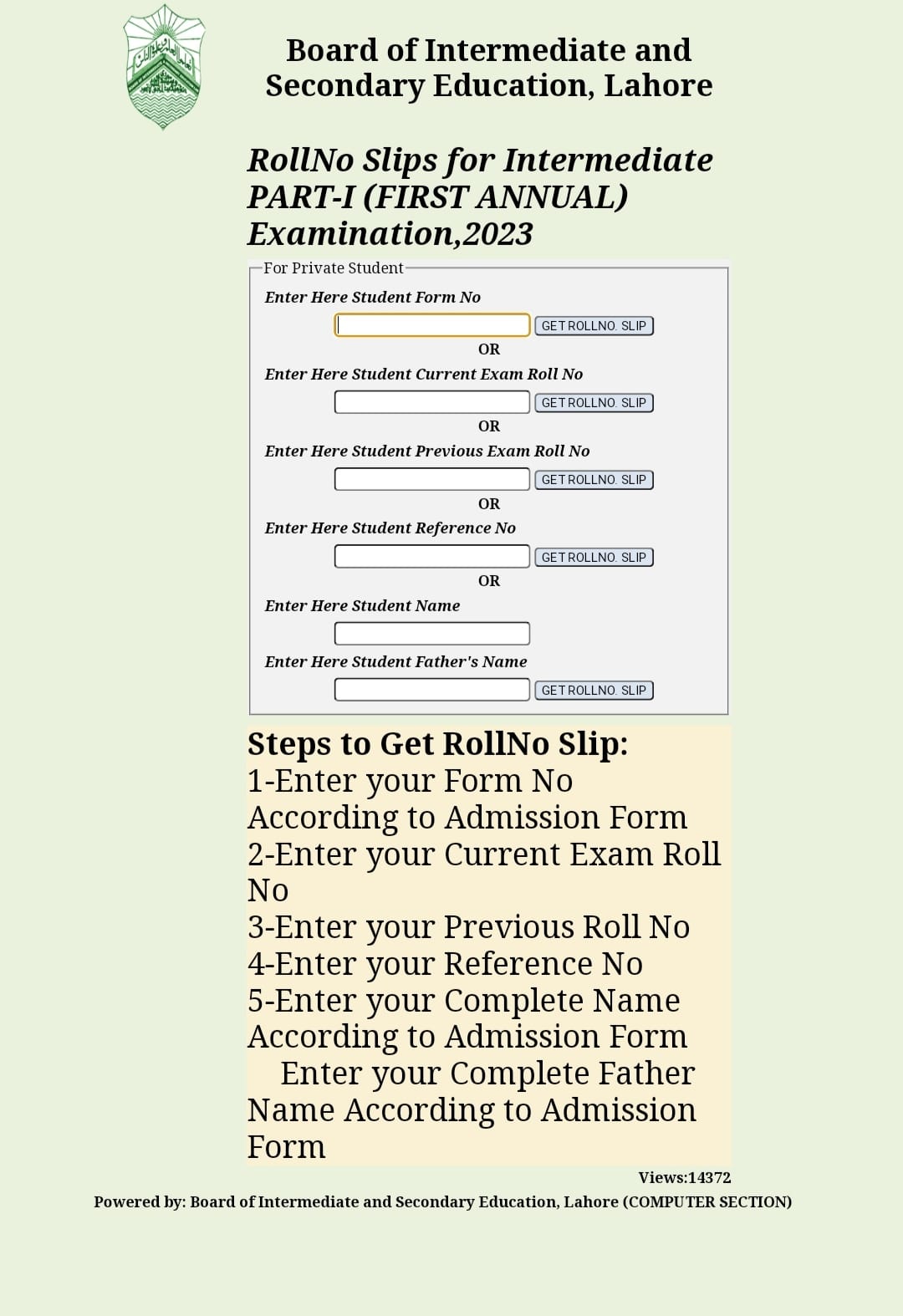 BISE Lahore Roll No. Slips for Intermediate Part I First Annual