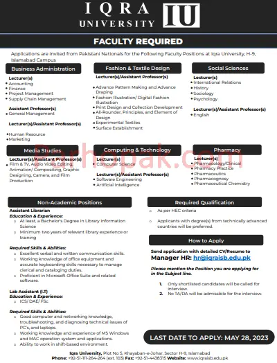 Iqra University IU Teaching and Non-Teaching Jobs 2023 Online Apply 