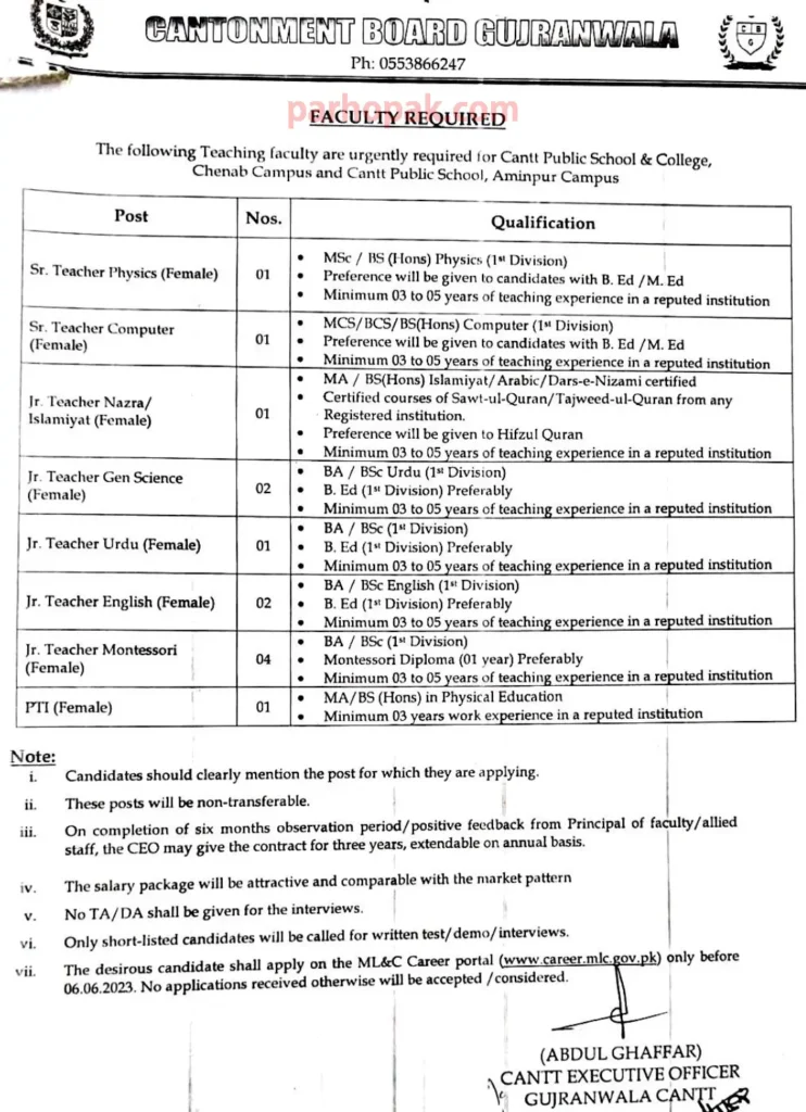 MLC Cantt Board Jobs Advertisement 2023 Gujranwala