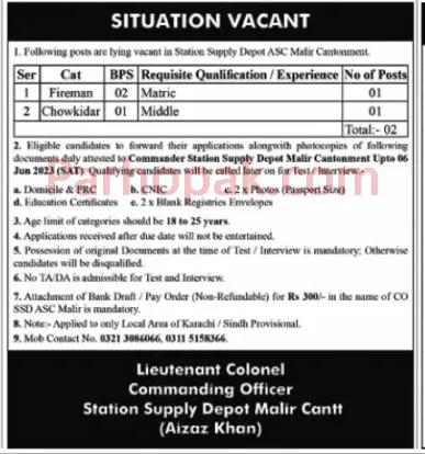 Pak Army Station Supply Depot ASC Malir Cantt Civilian Jobs 2023