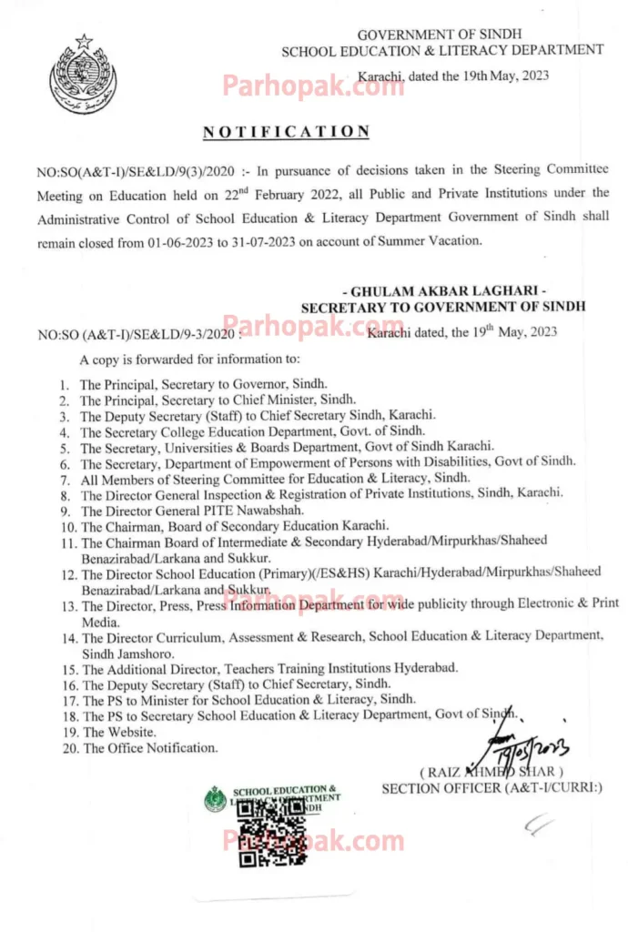 Summer Vacations 2023 Official Notification Sindh