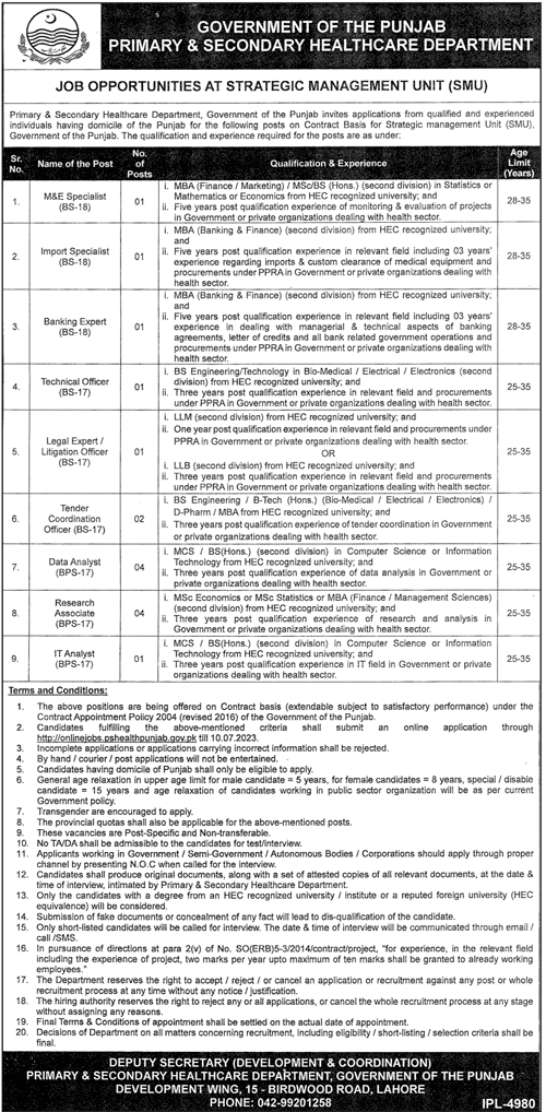 Primary and Secondary Healthcare Govt of Punjab Jobs 2023