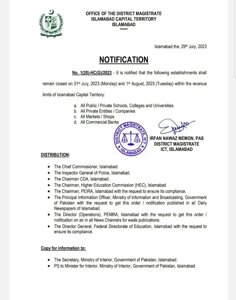 Local Holidays in Islamabad Official Notification