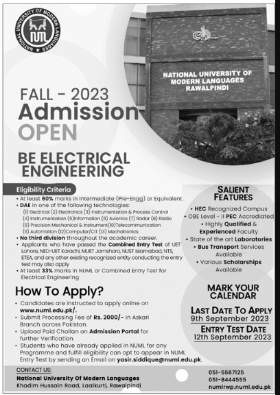 NUML University BE Electrical Engineering Admissions 2023
