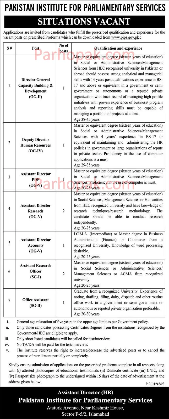 Pakistan Institute of Parliamentary Services PIPS Jobs August 2023
