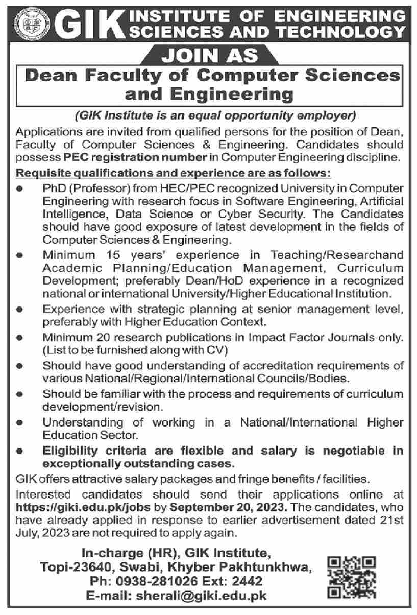 GIK Institute Dean Faculty Jobs 2023 Apply Online