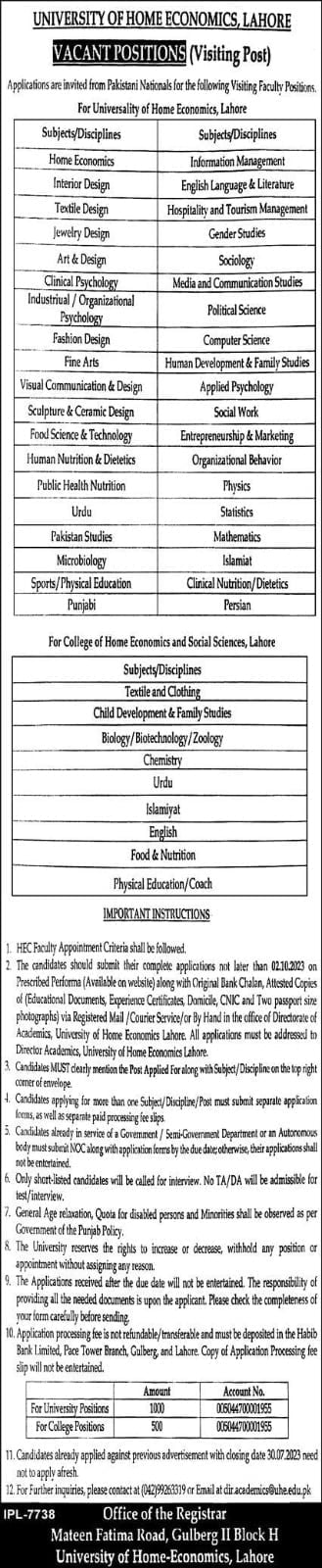 University of Home Economics Lahore Teaching Jobs 2023