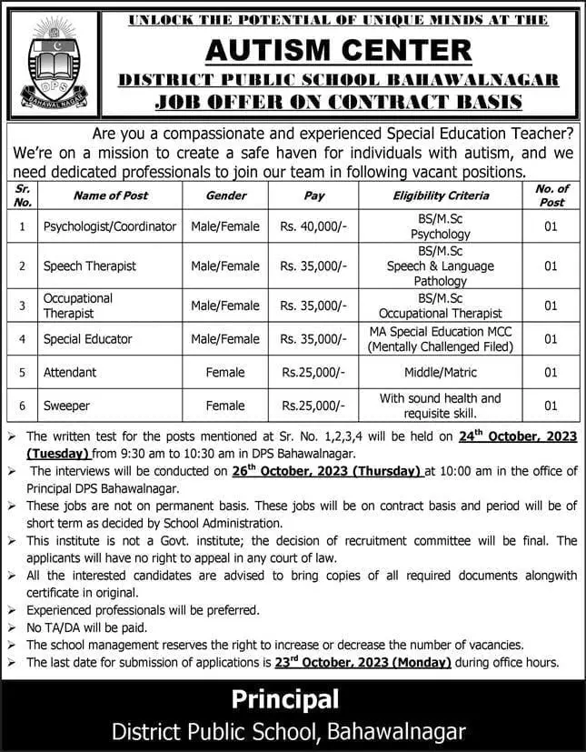 District Public School Bahawalnagar Autism Center Jobs 2023