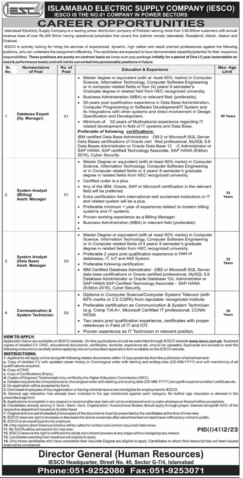 Islamabad Electric Supply Company IESCO Jobs 2024 Apply Online