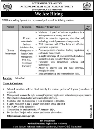 National Database and Registration Authority NADRA Jobs January 2024