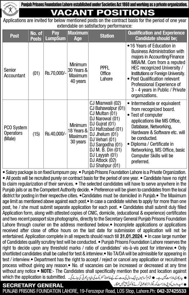 Punjab Prisons Foundation Lahore Jobs 2024