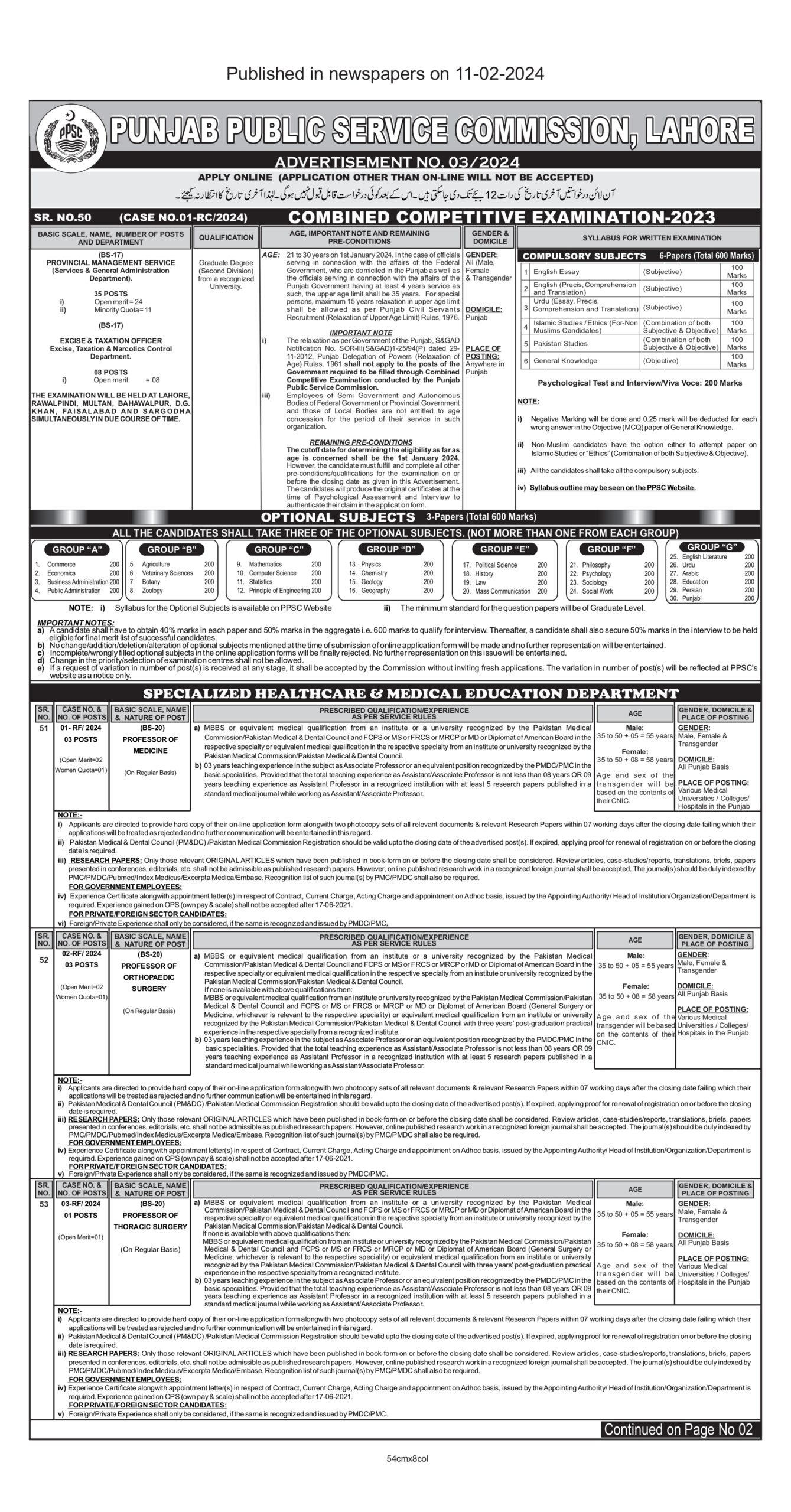 PPSC Provincial Management Service PMS Jobs - Combined Competitive Exam 2023