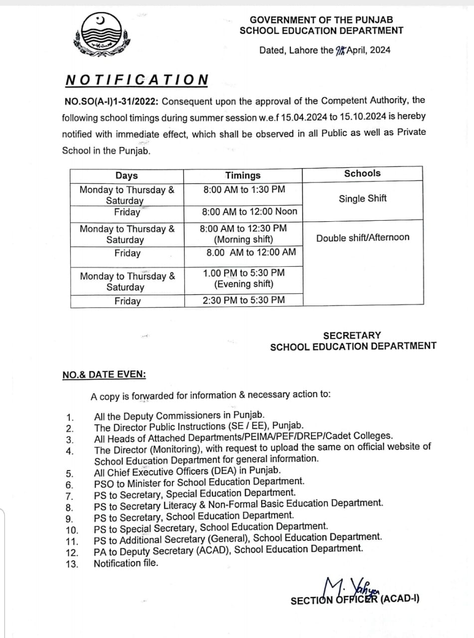 New School Timings in Punjab for Summer Official Notification